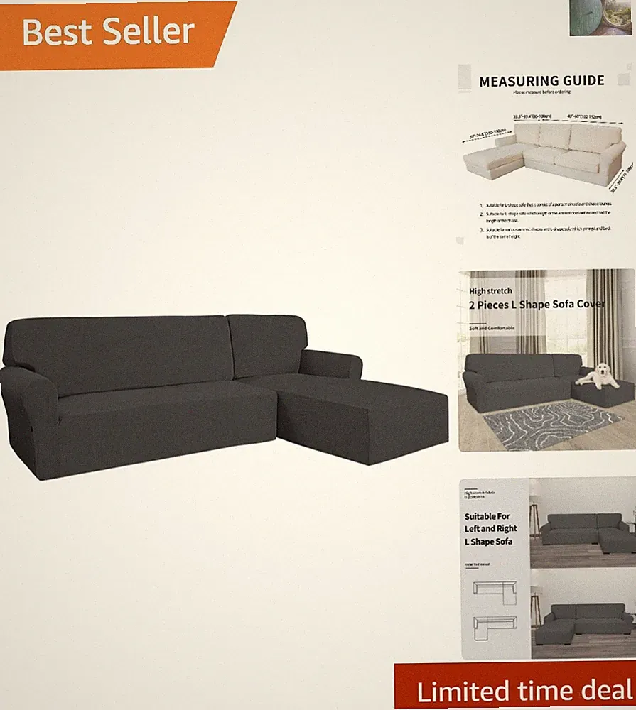 Elegant Dark Gray Stretch Sofa Slipcover for L-Shaped Sectional Couch Protection