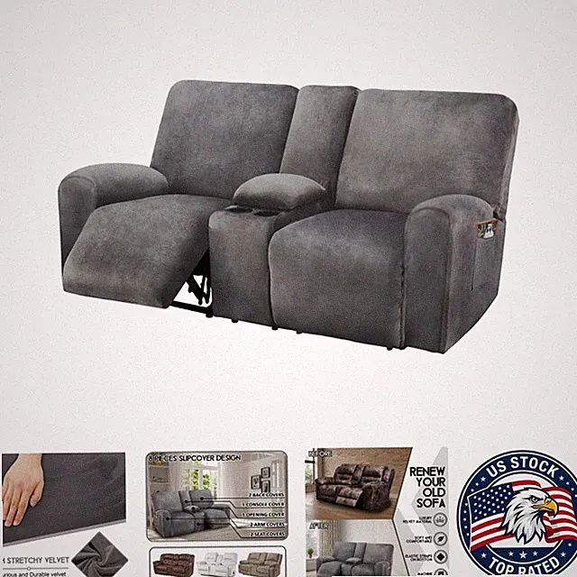 Elegant Dark Grey Velvet Slipcover for 2-Seat Reclining Loveseat, 8-Piece Set