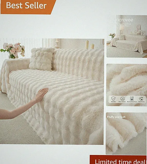 Elegant Faux Fur Couch Protector - Non-Slip, Machine Washable, 70.9”x133.9”