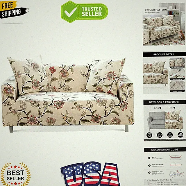 Elegant Floral Sofa Cover Stretch Slipcover for 3-Seater Couch with Pillowcases