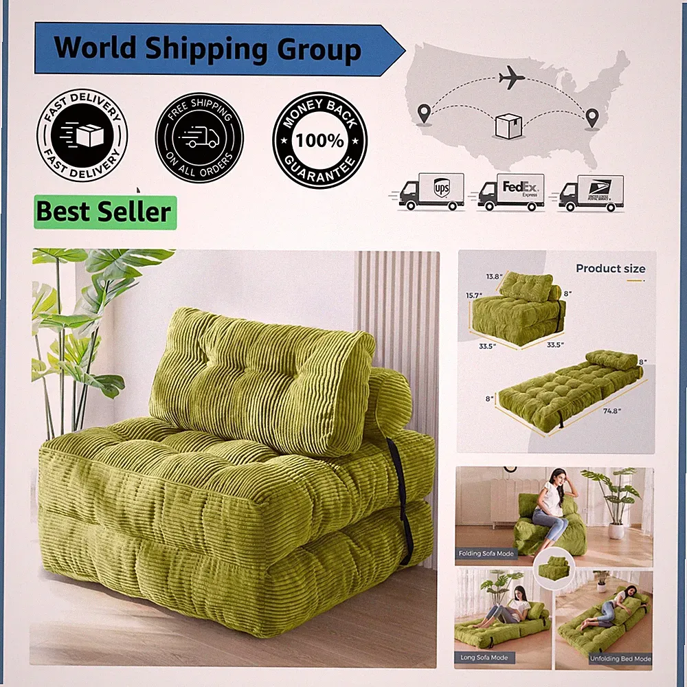 Elegant Green Folding Sofa Bed with Pillows - Perfect for Small Spaces