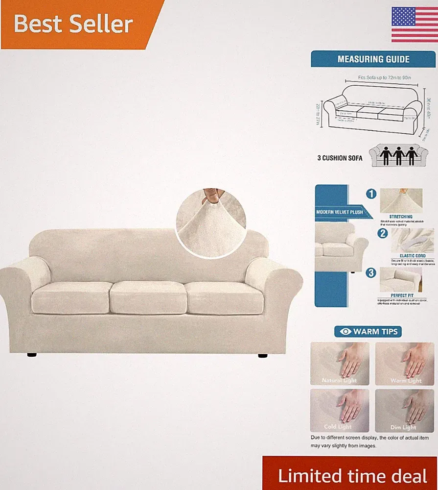 Elegant Ivory High Stretch Velvet Sofa Slipcover, Machine Washable Protection