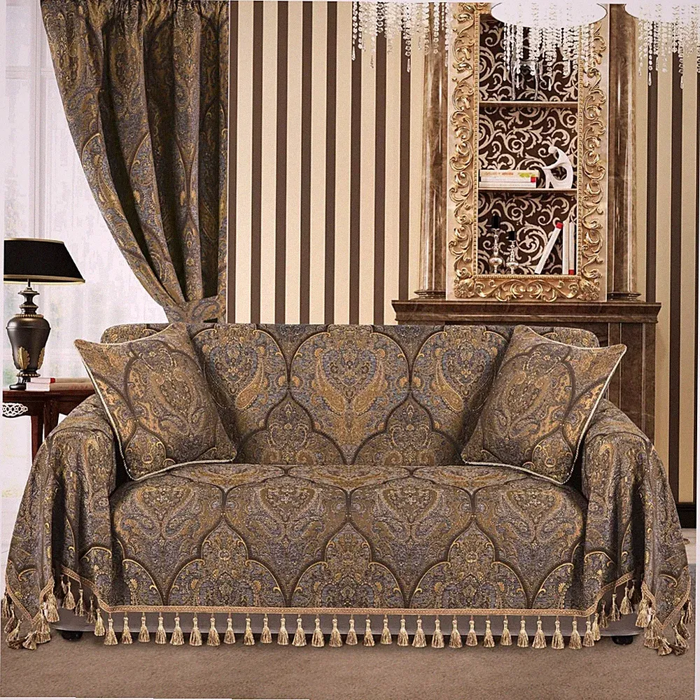 Elegant Jacquard Sofa Cover, Tassel Trimmed, Bronze Gold