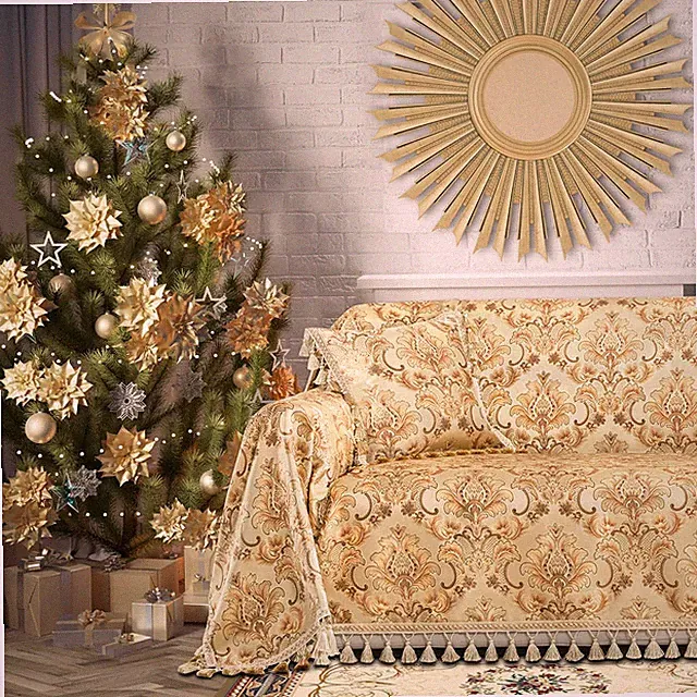 Elegant Jacquard Sofa Cover with Lace & Tassels - Pet & Party Ready (Yellow)