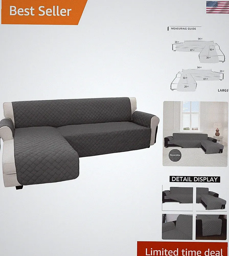 Elegant L-Shape Sofa Cover for Pets - Reversible Dark Gray Stain Resistant