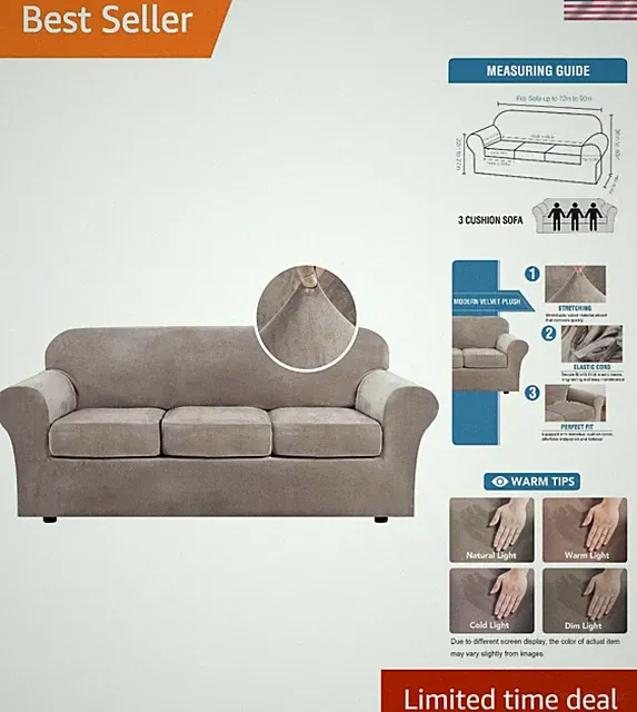 Elegant Machine Washable Velvet Sofa Cover for 3 Cushion Couch, Taupe - 4 Piece