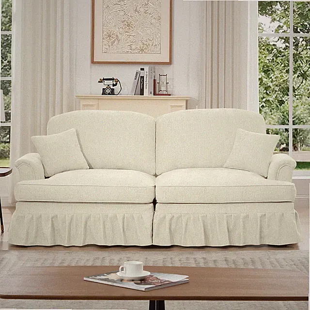 Elegant Mid-Century Flared Arm 2-Seater Sofa w/ Removable Ruffle Skirt