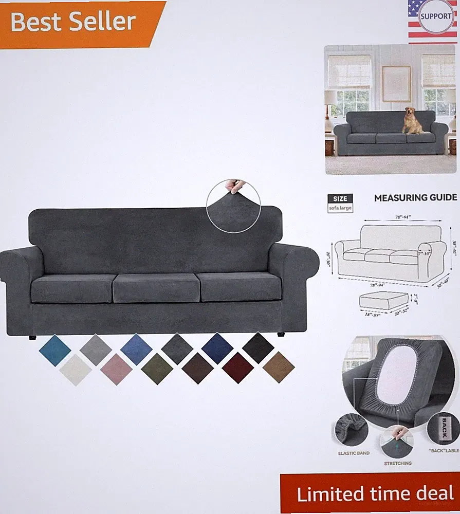 Elegant Non-Slip Velvet Sofa Slipcovers - 4 Piece Set for 3 Cushions, Dark Grey