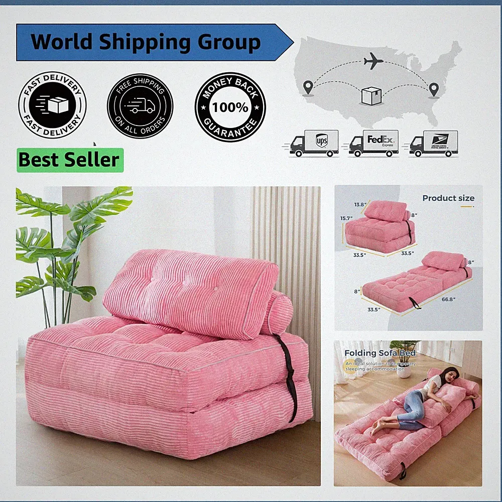 Elegant Pink Folding Sofa Bed with Headrest - Comfort in Compact Living Spaces
