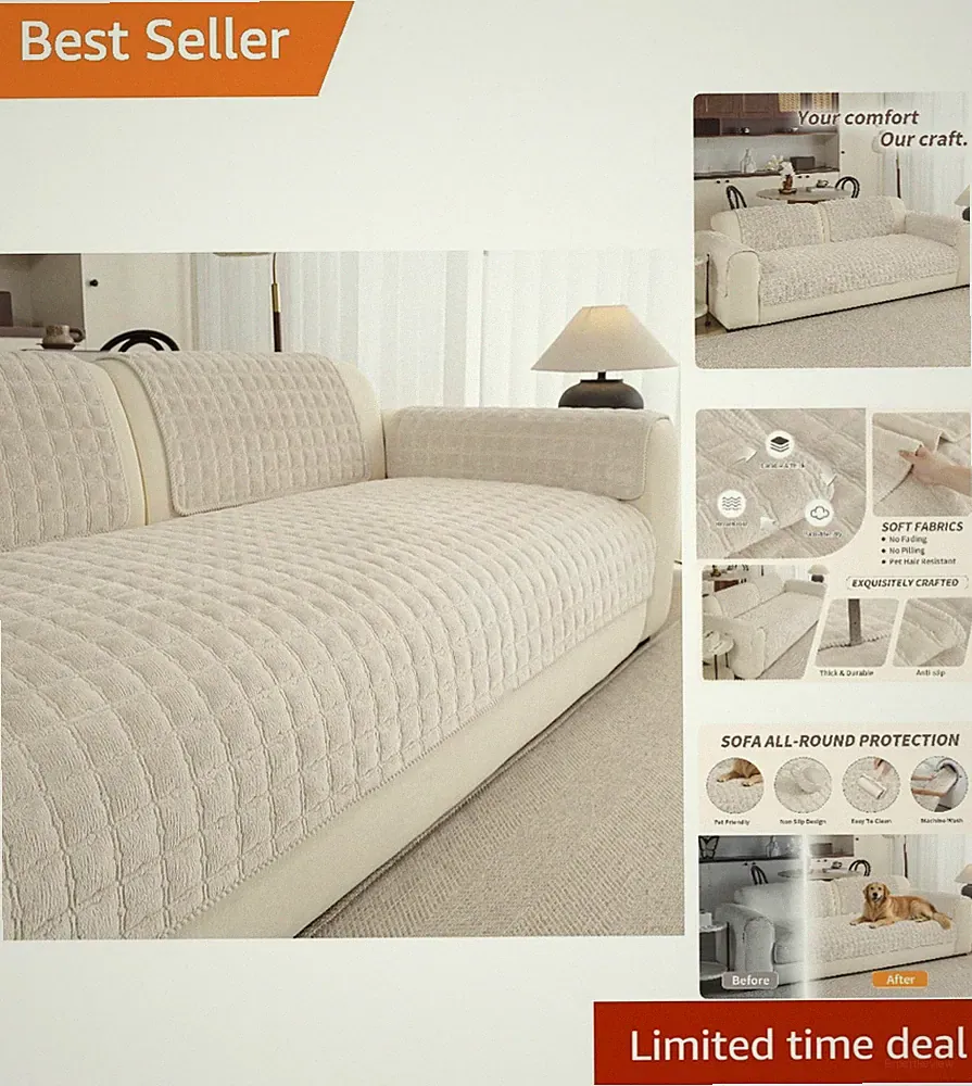 Elegant Quilted Flannel Couch Cover for Sectional Sofa - Pet Hair Protection