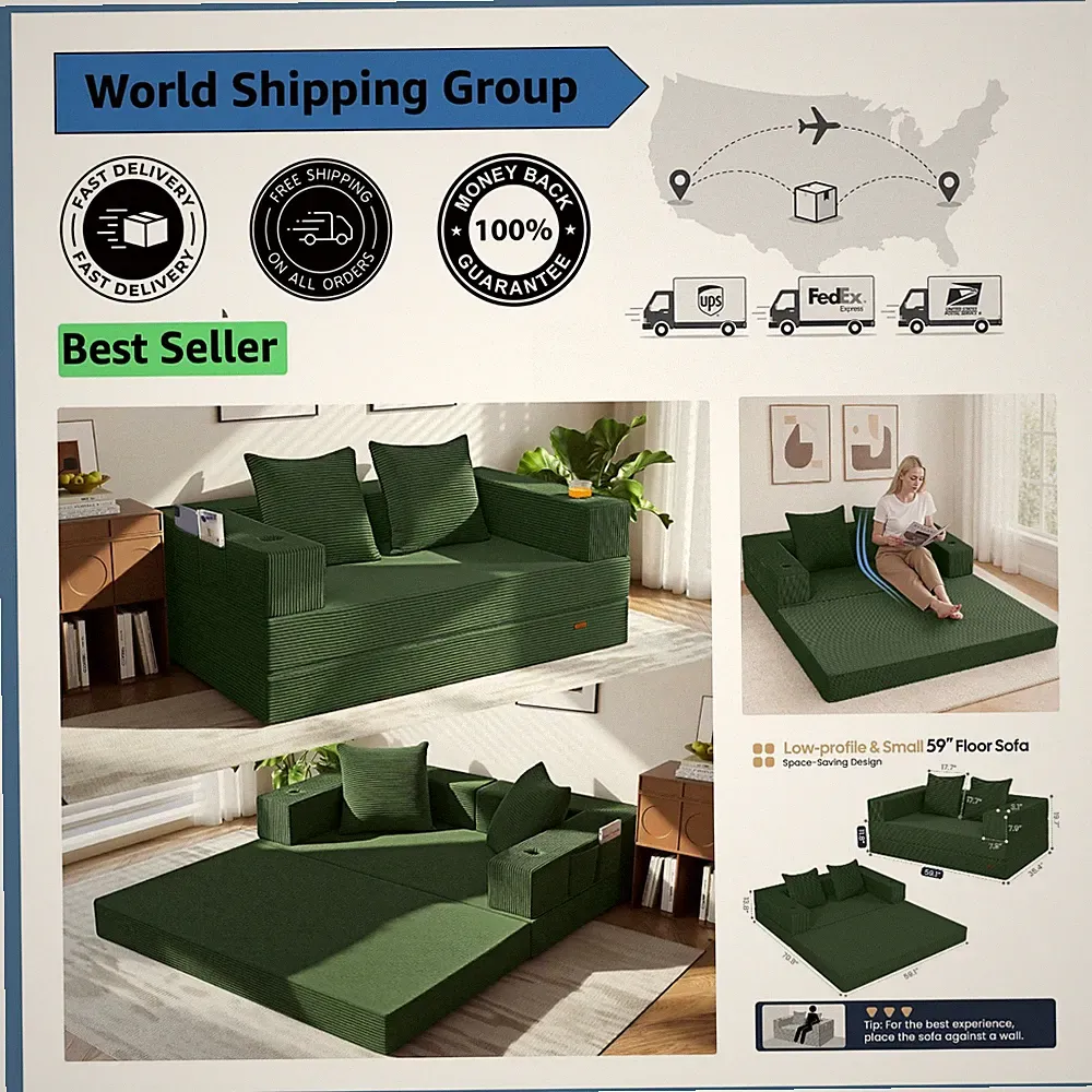 Elegant Small Green Futon Sofa Bed, 59" Low-Profile Design for Any Room