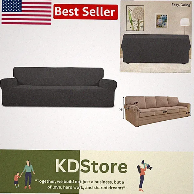 Elegant Stretch 4-Seater Sofa Slipcover - Dark Gray Jacquard Fabric Protector