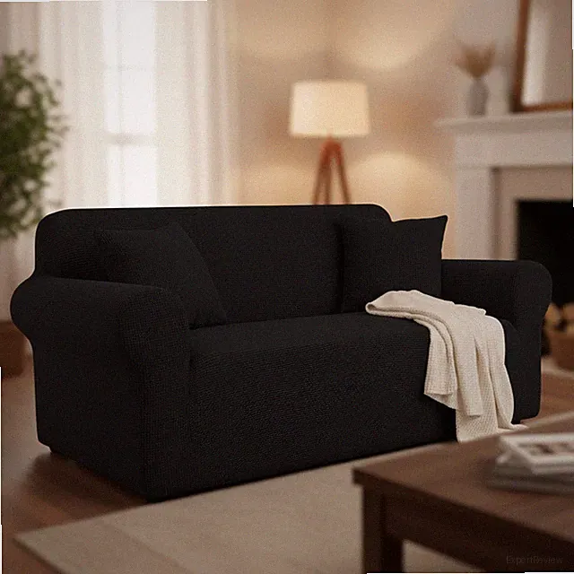 Elegant Stretch Loveseat Slipcover: Soft Black Jacquard Fabric for Modern Homes