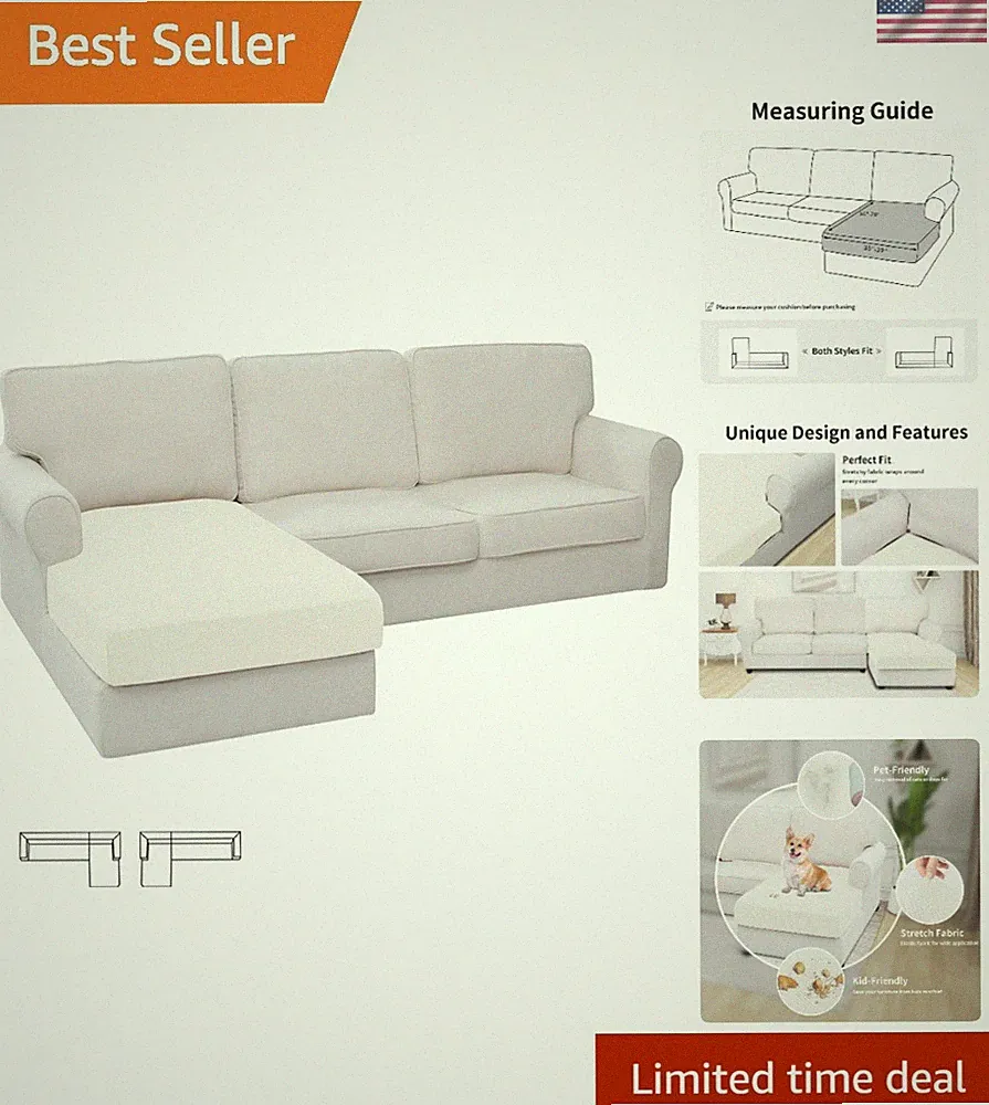 Elegant Stretch Sectional Couch Cover - 1 Piece Chaise Lounge Slipcover in Cream