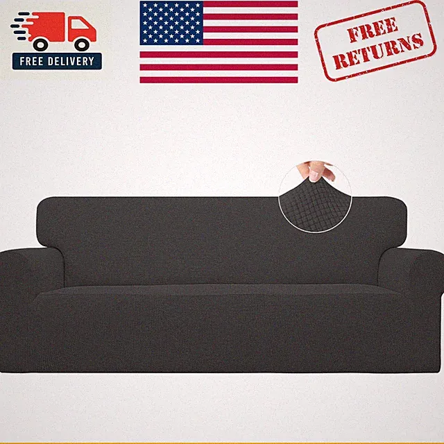 Elegant Stretch Sofa Cover - Washable Large Dark Gray Slipcover for Protection