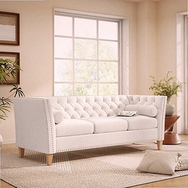 Elegant Transitional 3-Seat Sofa w/ Flared Arms,Nailhead Trim & Solid Wood Legs