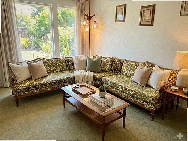 Elegant vintage mid-century curved sectional velvet green and white sofa