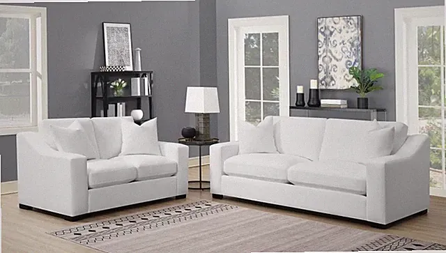 ELEGANT WHITE SLOPE ARM FABRIC SOFA LOVESEAT PILLOWS LIVING ROOM FURNITURE SET