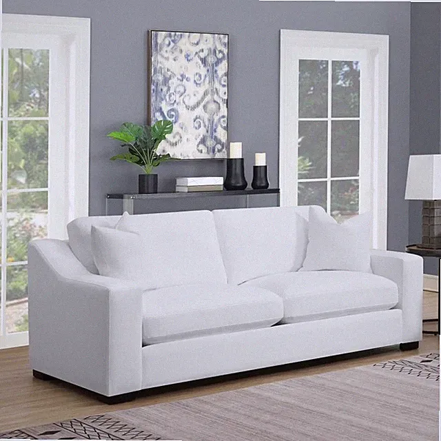 ELEGANT WHITE SLOPE ARM FABRIC SOFA WITH ACCENT PILLOWS LIVING ROOM FURNITURE