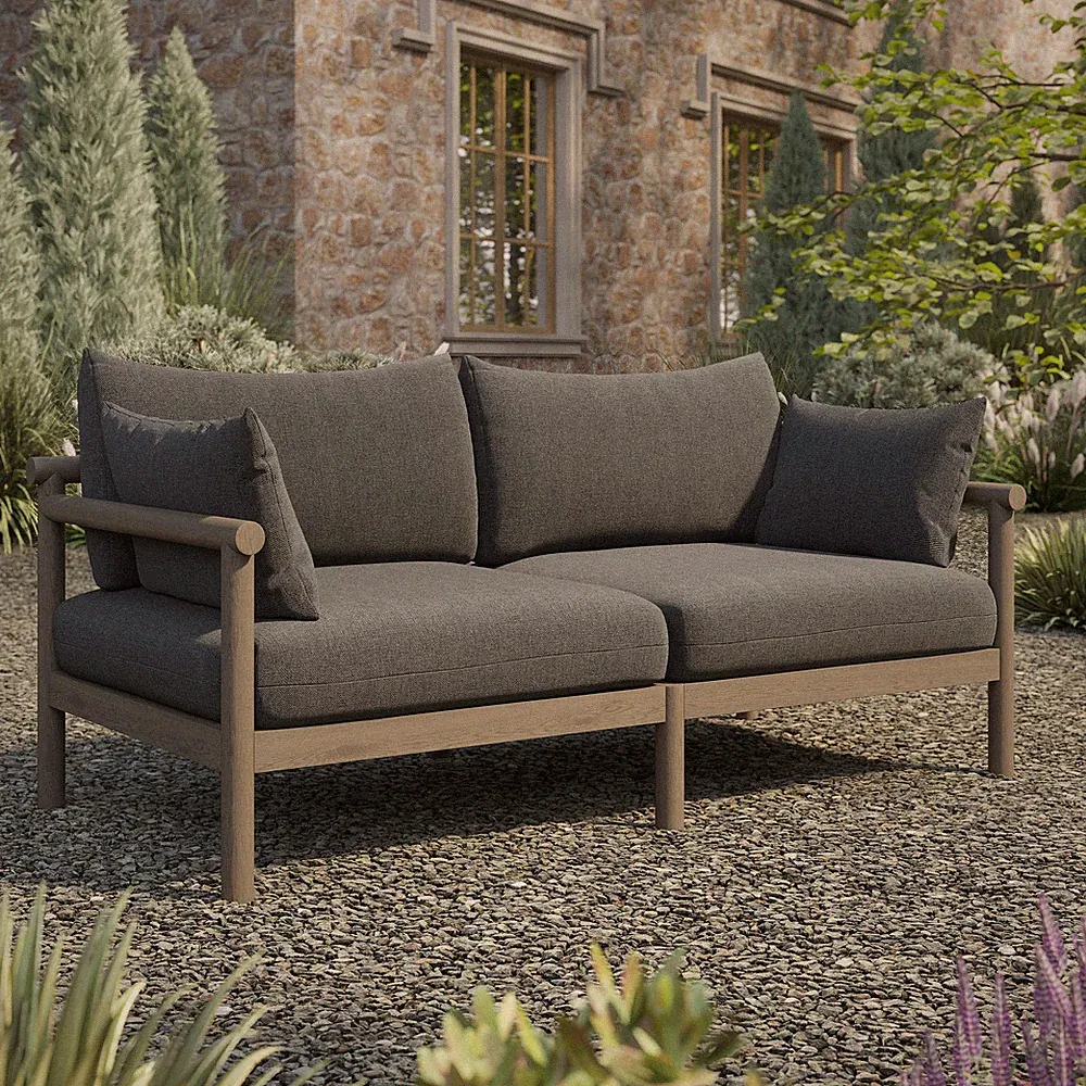 Eleni Outdoor Teak Wood Loveseat in Weathered Gray Flint