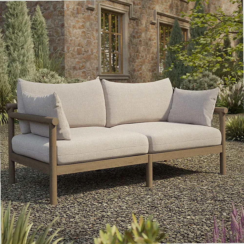 Eleni Outdoor Teak Wood Loveseat in Weathered Gray Pebble