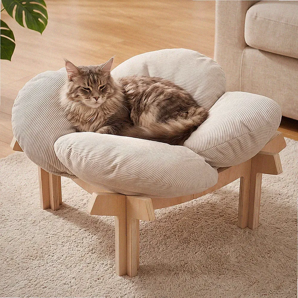 Elevated Cat Bed Wooden with Cushion Fluffy Pet Couch Sofa for Indoor Cats