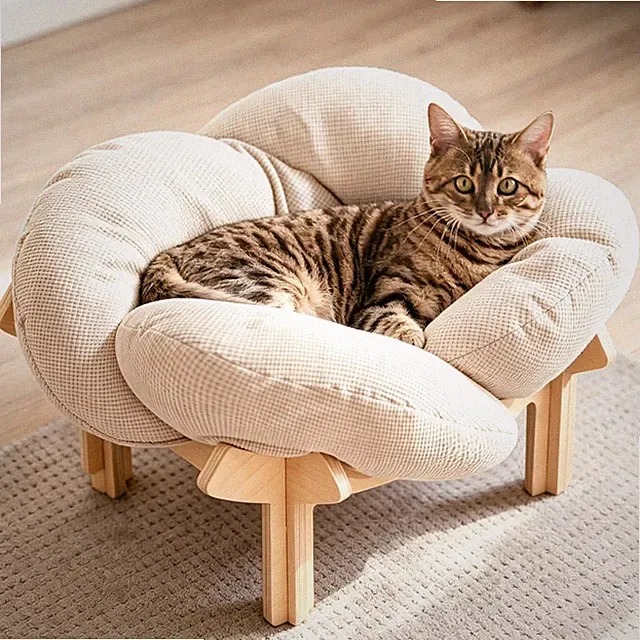 Elevated Cat Bed Wooden with Cushion Fluffy Pet Couch Sofa for Indoor Cats Raise