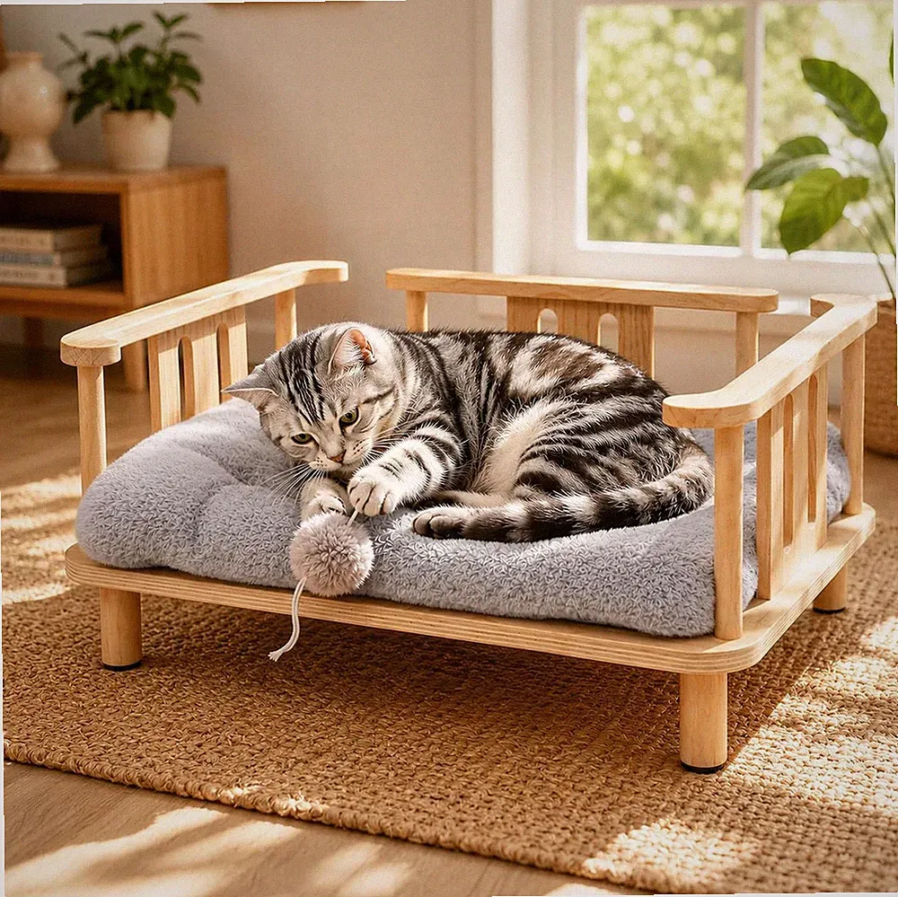Elevated Cat Couch & Dog Sofa Solid Wood Raised Pet Bed W/ Machine Washable