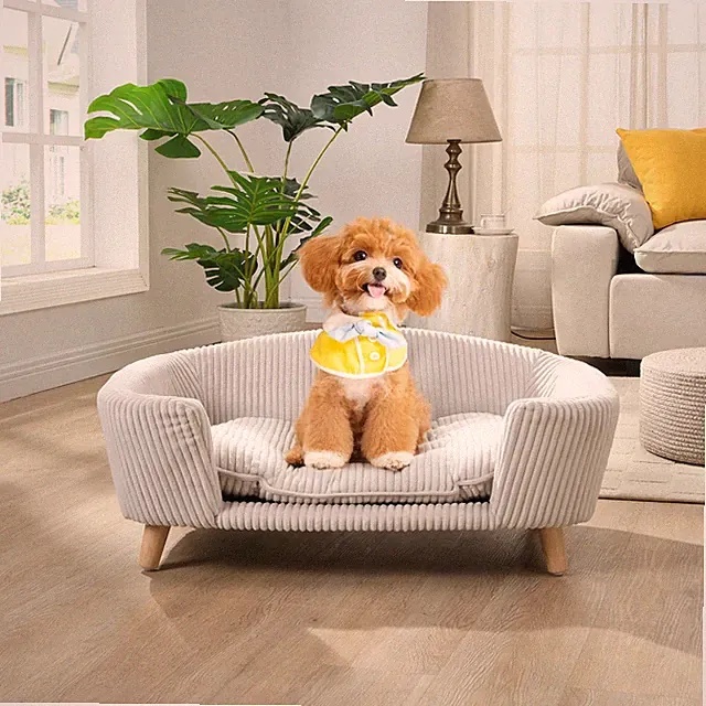 Elevated Dog Bed Frame for S Dog Corduroy Pet Couch Bed Rubber Wood Legs Beige