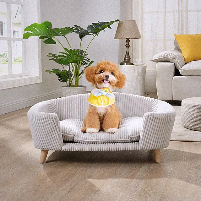 Elevated Dog Bed Frame for Small Dog,Corduroy Pet Couch Bed Rubber Wood Legs
