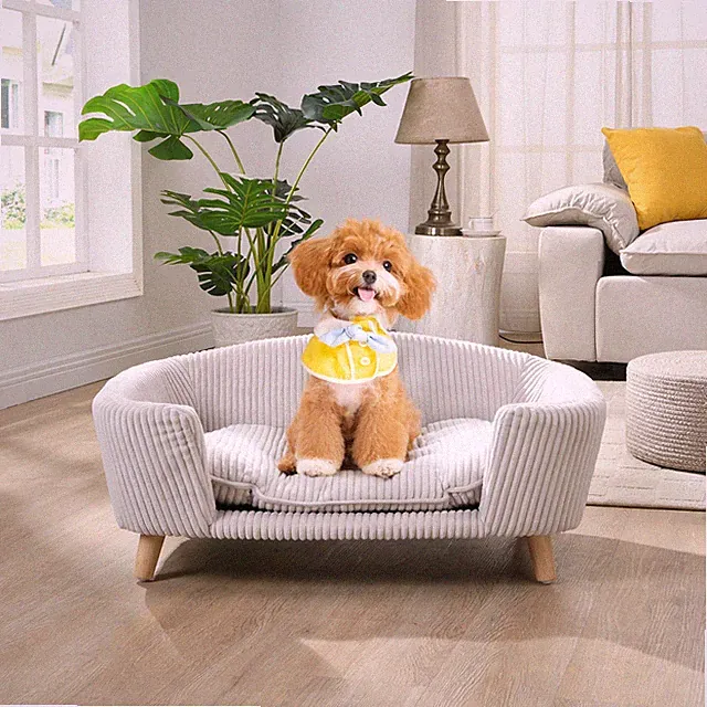 Elevated Dog Bed Frame for Small Dog, Corduroy Pet Couch Bed with Rubber Wood Le