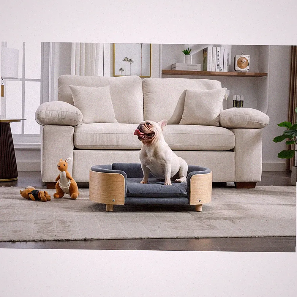 Elevated Dog Bed Scandinavian Sofa Wood Legs Velvet Cushion Mid Size Dark Grey