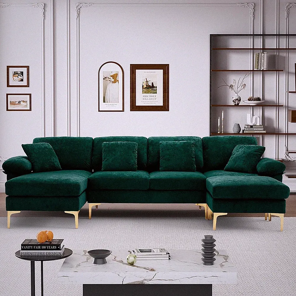 Emerald Green U-Shaped Sectional Sofa with Chaise & Ottoman for 4 Seats