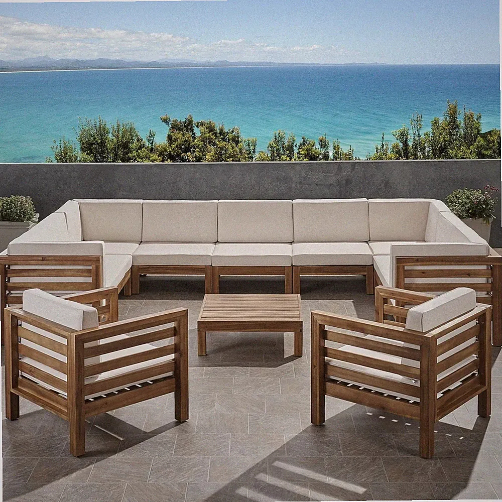 Emma Outdoor 11 Seater Acacia Wood Sectional Sofa and Club Chair Set