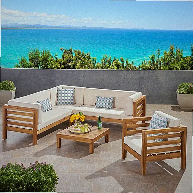 Emma Outdoor 6 Seater Acacia Wood Sectional Sofa and Club Chair Set