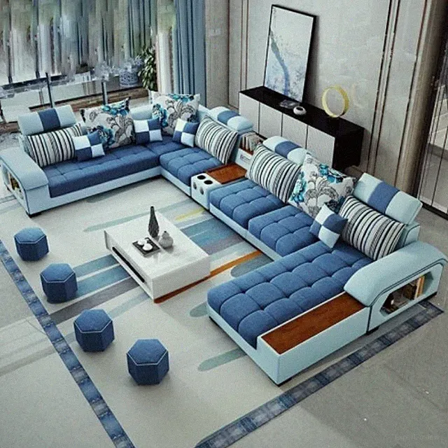 Enchanting Minimalist Modern Blue Shades Fabric Sectional Sofa