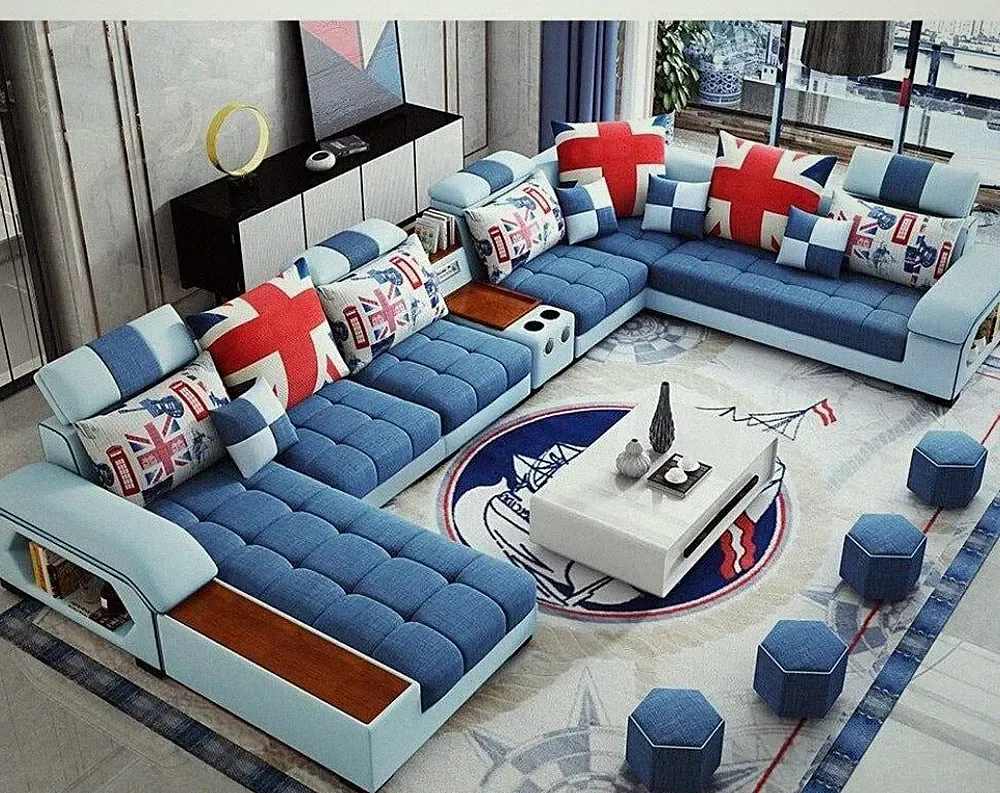 Enchanting Modern Blue Shades Fabric Sectional Sofa With Colorful Cushions