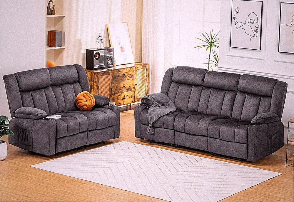 Ergonomic Dark Gray Recliner Sofa Set with Cup Holders & Side Pockets