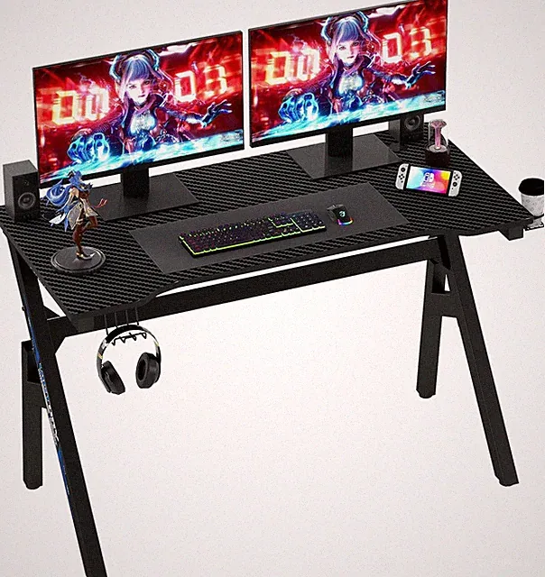 Ergonomic Gaming Desk 47" Black & Blue with Cup Holder & Headphone Hook