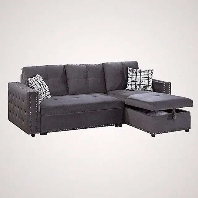 Ero Convertible Sectional Sofa- Storage Chaise- 2 Pillows- Gray Velvet
