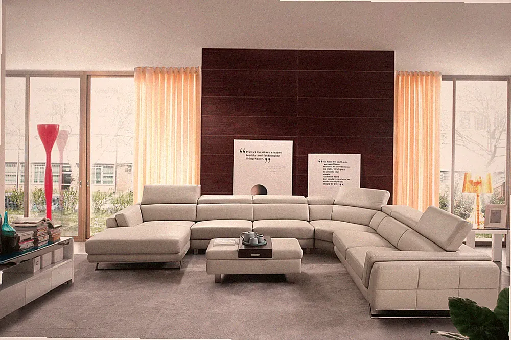 ESF 582 Grey Contemporary Leather Sectional with Right Facing Chaise