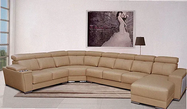 ESF 8312 Beige Contemporary Genuine Leather sectional with sliding seat & poufs