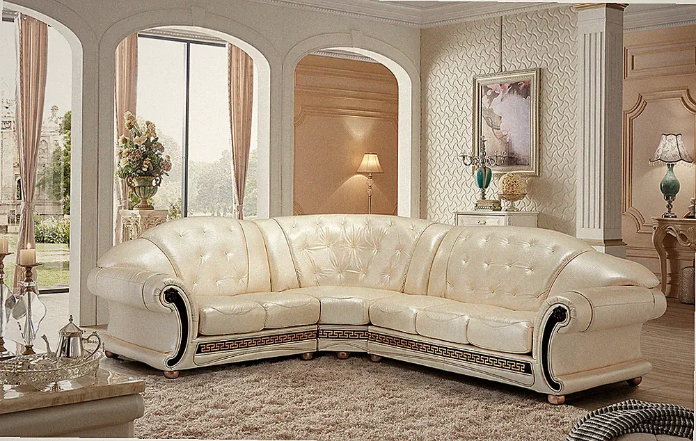 ESF Furniture Apolo Sectional Sofa Living Room in Pearl Italian Leather