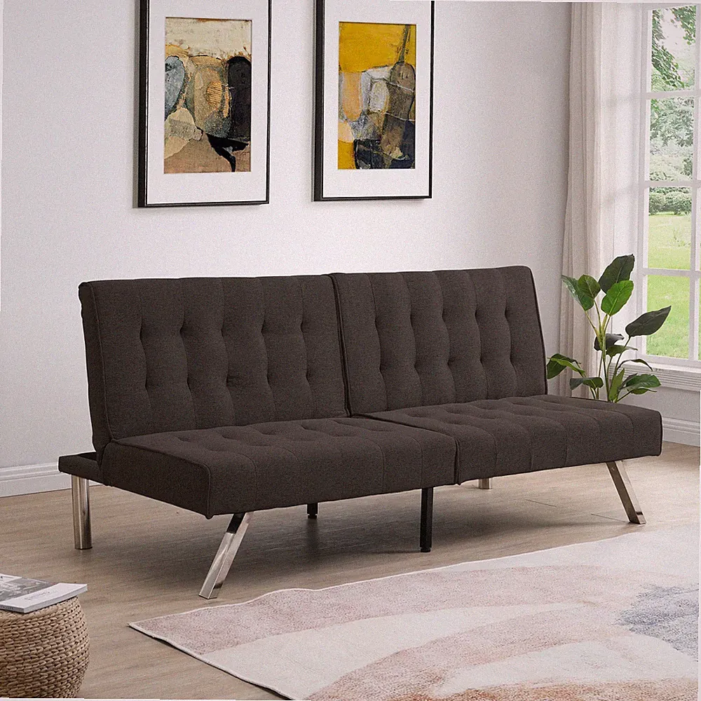 Espresso Faux Linen Futon Sofa Bed Wood Frame 68.1" L x 32.9" W