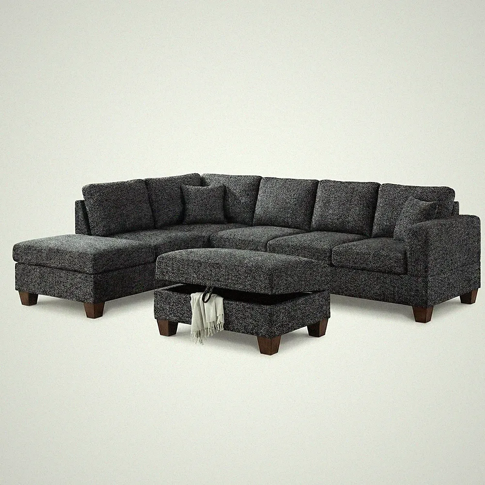 Essa Charcoal Reversible Sectional With USB Power Wood Legs And Storage Ottoman