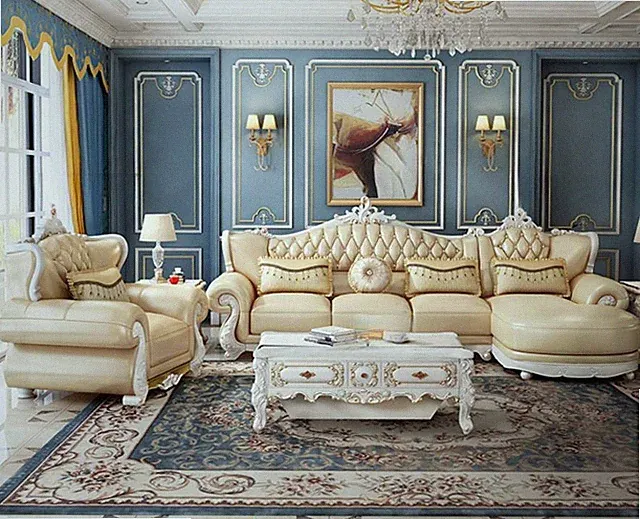 European L-shaped Liville Leather Sofa Set with Chaise