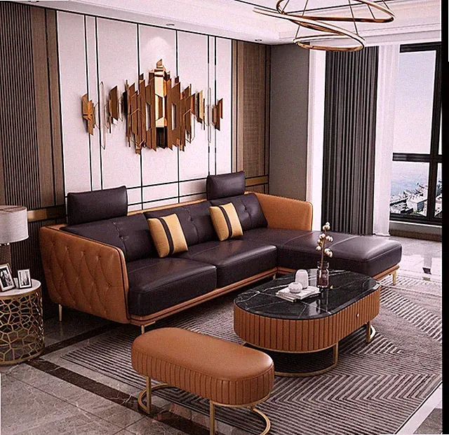 Exquisite Style Luxurious Leather Sectional Sofa With Stool