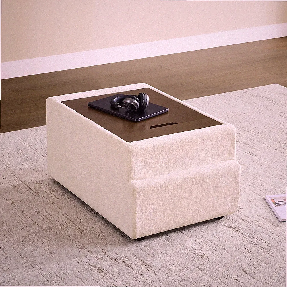 Extra Large Cream Chenille Sectional Sofa with Console Table Storage USB Ports
