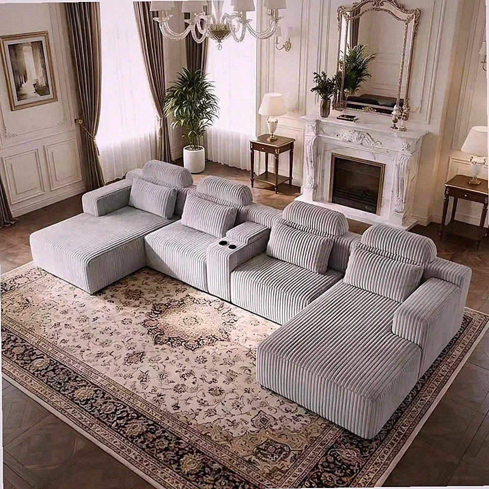 Extra Large Gray U-Shaped Velvet Sectional Sofa with Chaise, Modular