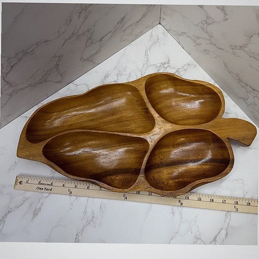 Extra Large Teak Leaf Divided Serving Tray 4 Section Wood Platter Retro MCM